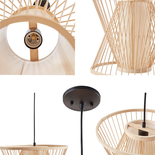 English Elm Geometric Bamboo Pendant Aria by INK+IVY — Natural Rattan Shade, Cylindrical Core, 48.75” Drop, Hardwire Indoor Use B03596567