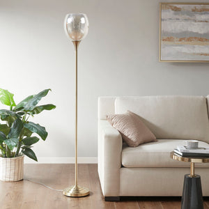 English Elm Uplight Bellow Floor Lamp with Mercury Glass Shade by Hampton Hill — Antique Brass, Slim 67"H Accent Light B03595709
