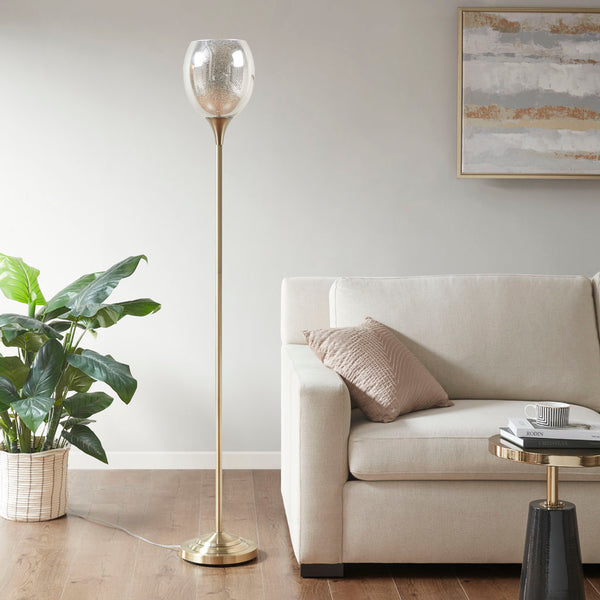 English Elm Uplight Bellow Floor Lamp with Mercury Glass Shade by Hampton Hill — Antique Brass, Slim 67"H Accent Light B03595709