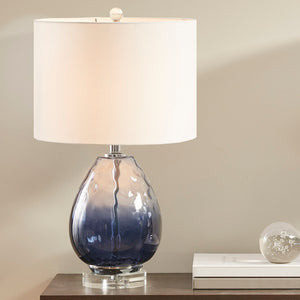English Elm Ombre Borel Blue Glass Table Lamp with Cream Drum Shade, 24" Height, 72" Cord, Chic Living Room Accent B035100335