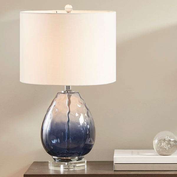 English Elm Ombre Borel Blue Glass Table Lamp with Cream Drum Shade, 24" Height, 72" Cord, Chic Living Room Accent B035100335