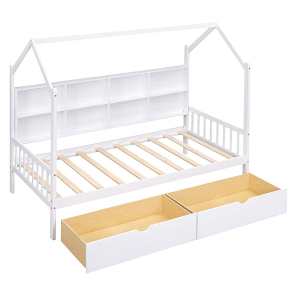 English Elm Wooden Twin House Bed with Roof & 2 Drawers, Storage Shelf, Pine Frame, Contemporary White Finish WF301456AAK