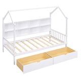 English Elm Wooden Twin Size House Bed With 2 Drawers,Kids Bed With Storage Shelf, White