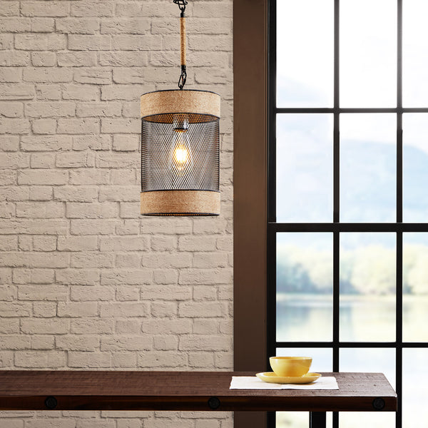 English Elm Natural Rope Orion Hemp Rope & Metal Mesh Cylinder Pendant Light — Farmhouse Modern Industrial Accent, Adjustable Height, Hardwire Compatible B03596570