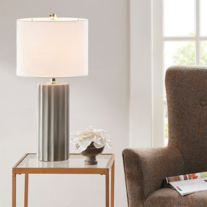 English Elm Ribbed Ceramic Table Lamp Glendale Grey Finish with White Linen Shade, 27"H Modern Fluted Design B03599400