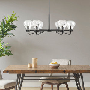 English Elm 6-Light Devon Chandelier with Clear Bowl Glass Shades, Matte Black Mid-Century Uplight Fixture, Adjustable Height B03594966