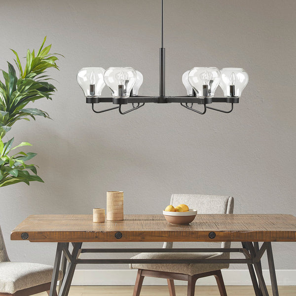 English Elm 6-Light Devon Chandelier with Clear Bowl Glass Shades, Matte Black Mid-Century Uplight Fixture, Adjustable Height B03594966