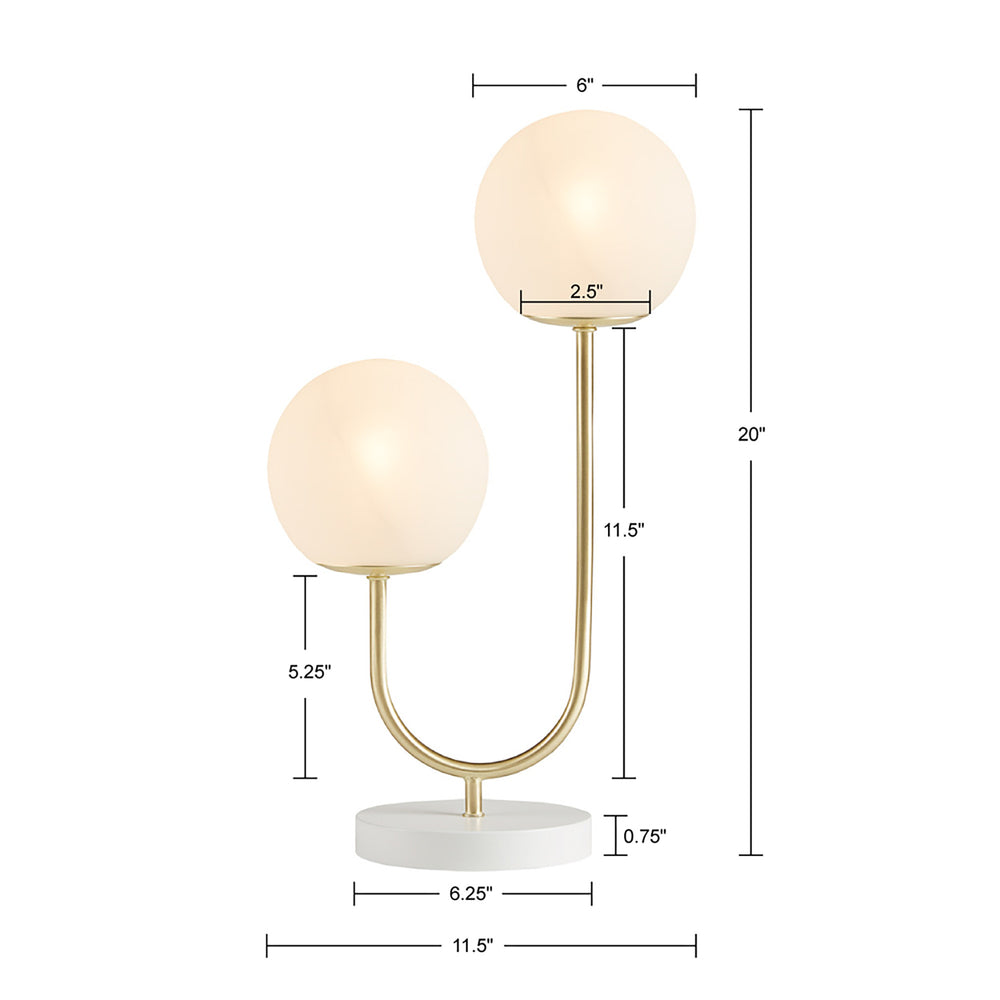 English Elm Metal Elegant 2-Light Globe Table Lamp Gold Finish Curved Stand White Base Frosted Glass Shades Ambient Light B03594984