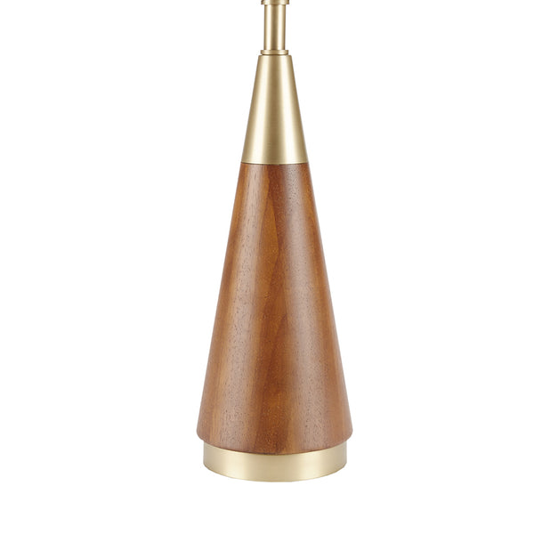 English Elm Triangular Table Lamp with Pecan Wood & Antique Brass Accents, White Linen Shade for Mid-Century Style B03596573