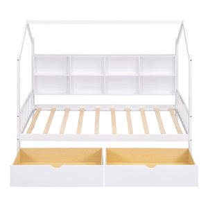English Elm Wooden Twin House Bed with Roof & 2 Drawers, Storage Shelf, Pine Frame, Contemporary White Finish WF301456AAK