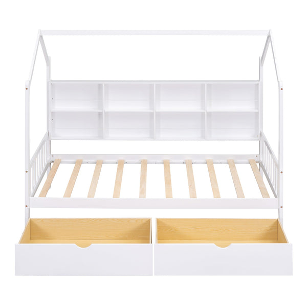 English Elm Wooden Twin House Bed with Roof & 2 Drawers, Storage Shelf, Pine Frame, Contemporary White Finish WF301456AAK