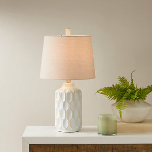 English Elm Contour Ceramic Table Lamp — Mid-Century Ivory Contoured Base, Accent Line Detail, Soft White Shade, 22" B03596575