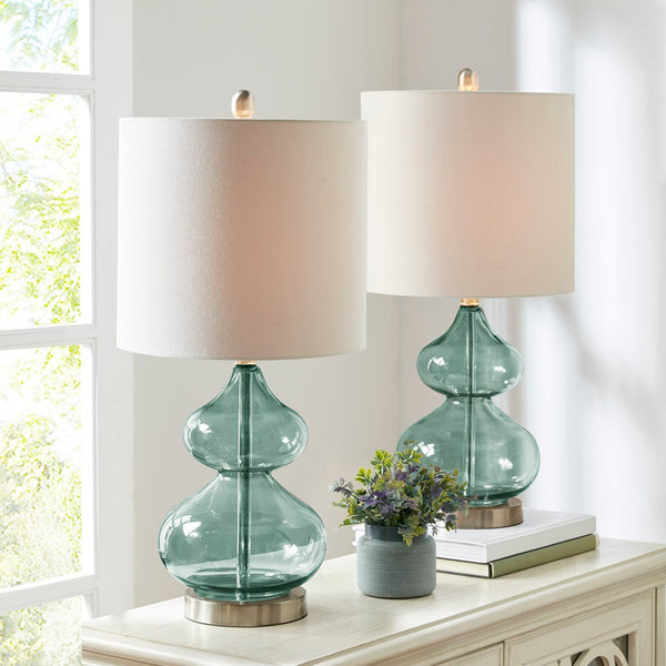 English Elm Curved Glass Gourd Table Lamp Set Sculptural Bedside Lighting with Drum Shade B03594971