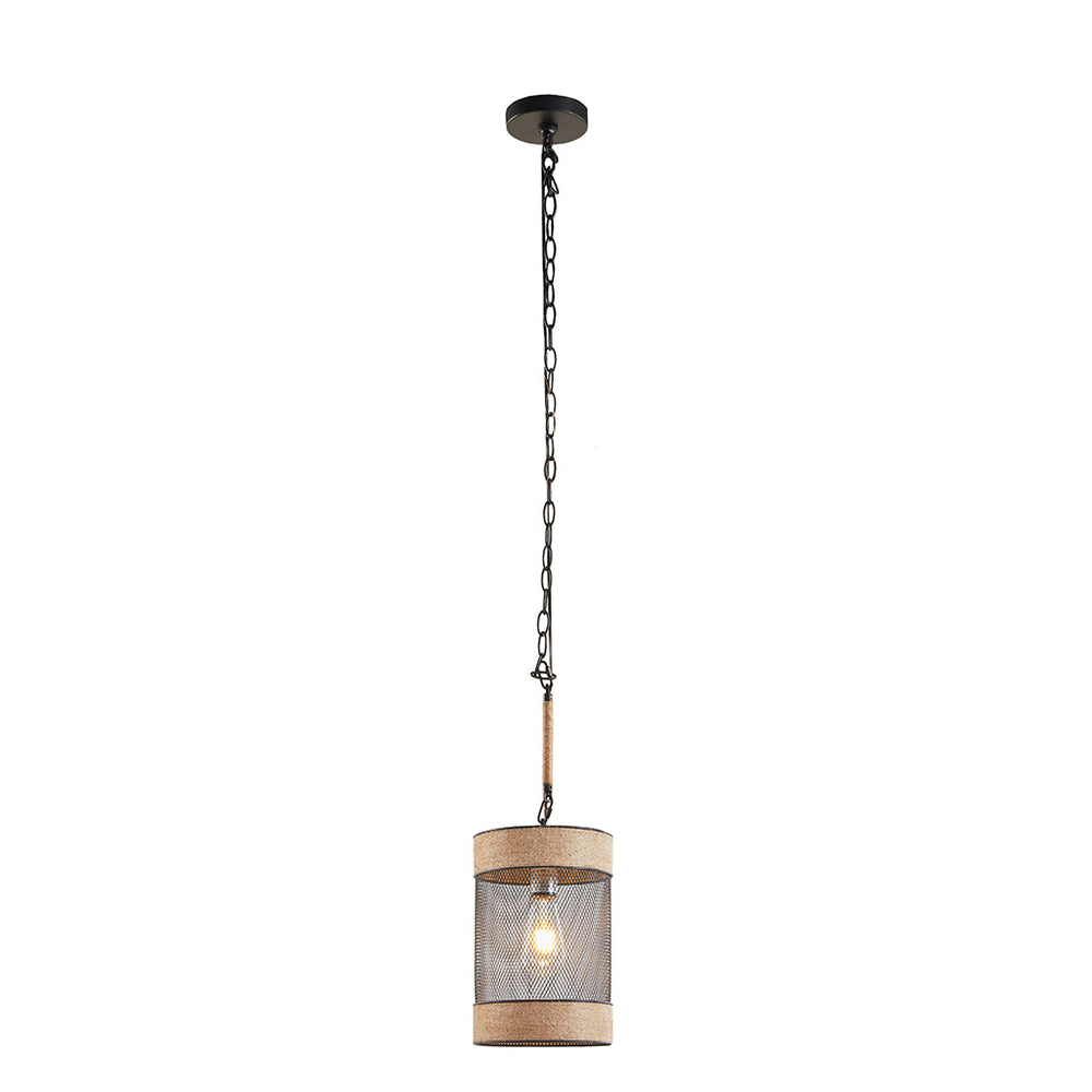 English Elm Natural Rope Orion Hemp Rope & Metal Mesh Cylinder Pendant Light — Farmhouse Modern Industrial Accent, Adjustable Height, Hardwire Compatible B03596570