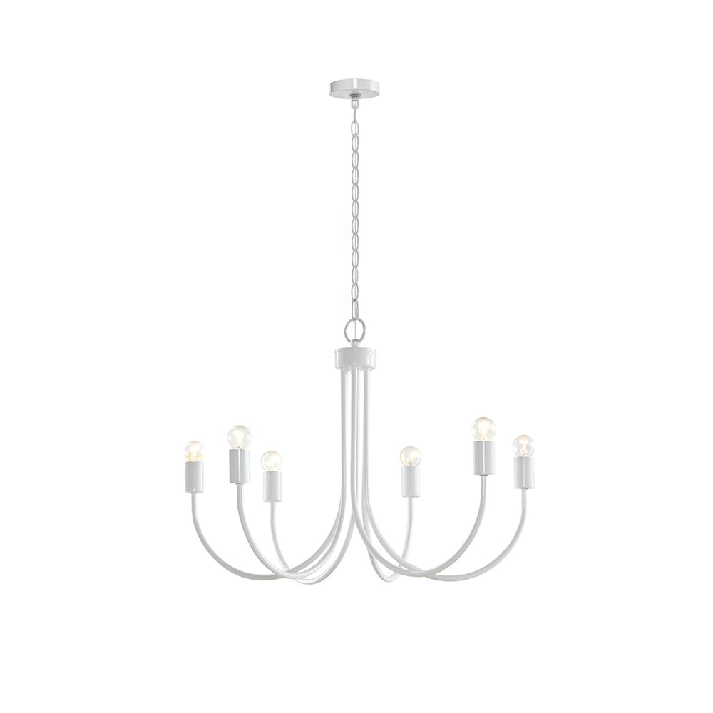English Elm 6-Light Metal Chandelier Ellie by 510 Design — Gloss White Iron 28" Dia Contemporary Unshaded Bulb Fixture B03594965