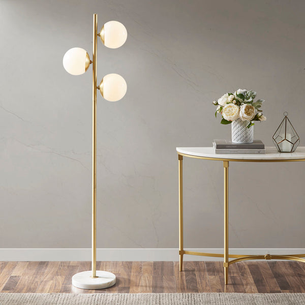 English Elm 3-Globe Holloway Floor Lamp with Marble Base, Gold Metal & White Glass Shades, Modern 62" Accent Light B03599272