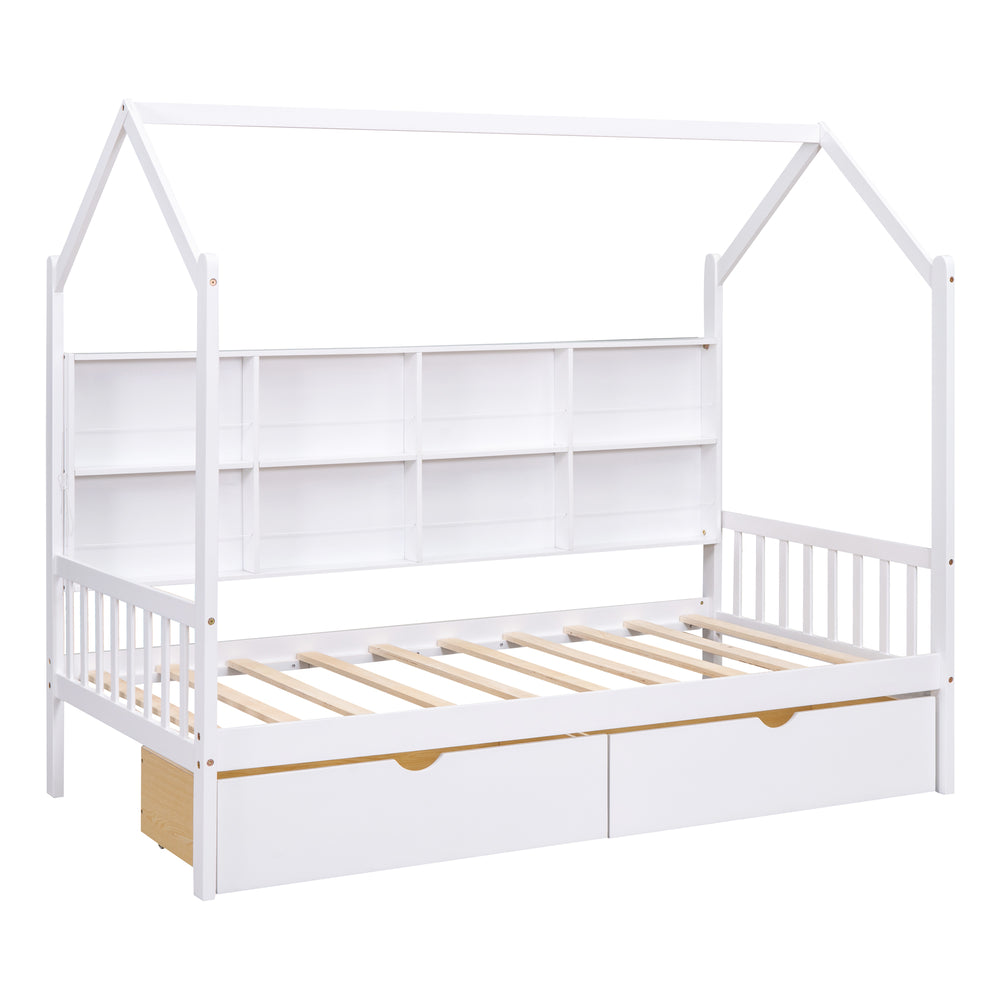 English Elm Wooden Twin House Bed with Roof & 2 Drawers, Storage Shelf, Pine Frame, Contemporary White Finish WF301456AAK