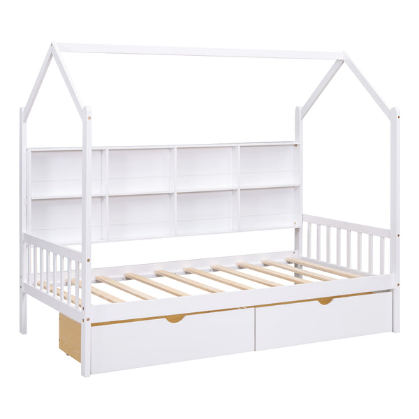 English Elm Wooden Twin House Bed with Roof & 2 Drawers, Storage Shelf, Pine Frame, Contemporary White Finish WF301456AAK