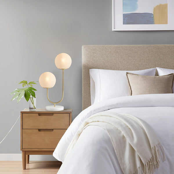 English Elm Metal Elegant 2-Light Globe Table Lamp Gold Finish Curved Stand White Base Frosted Glass Shades Ambient Light B03594984