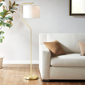 English Elm Angular Hampton Hill Aster Arched Metal Floor Lamp with Linen Drum Shade, Gold Base, Soft Warm Glow B03595708