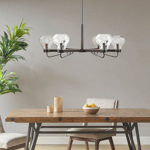 English Elm 6-Light Devon Chandelier with Clear Bowl Glass Shades, Matte Black Mid-Century Uplight Fixture, Adjustable Height B03594966