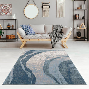 English Elm Abstract Grace Abstract Wave Area Rug - Modern Blue Cut-Pile 5x7, Non-Slip Latex Backing, Durable Machine-Woven B03597940