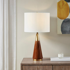 English Elm Triangular Table Lamp with Pecan Wood & Antique Brass Accents, White Linen Shade for Mid-Century Style B03596573