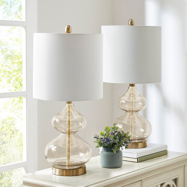 English Elm Ellipse Curved Glass Table Lamp Set of 2 — Gold Base with White Drum Shade, Transitional Chic Lighting B03594969