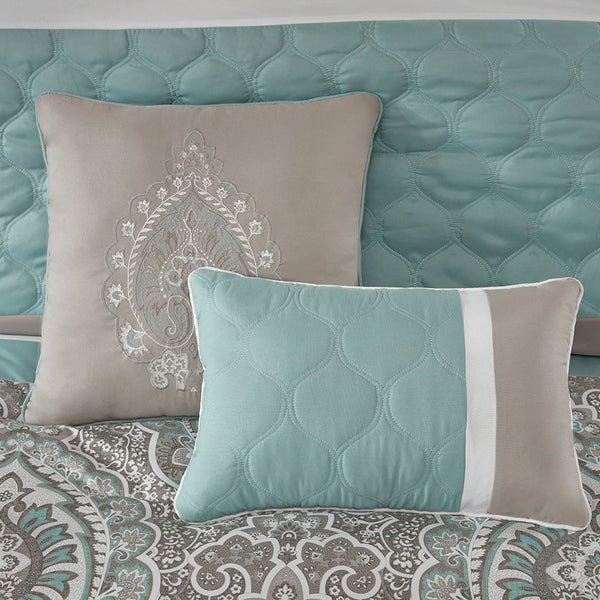 English Elm Queen Shawnee 8-Piece Comforter Set - Seafoam & Brown Damask, Diamond Quilting, Hypoallergenic Luxury B03594912