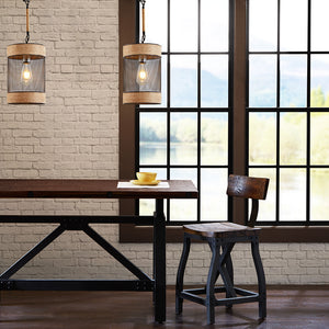 English Elm Natural Rope Orion Hemp Rope & Metal Mesh Cylinder Pendant Light — Farmhouse Modern Industrial Accent, Adjustable Height, Hardwire Compatible B03596570