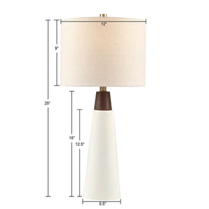 English Elm Triangular Tristan Ceramic and Wood Table Lamp — Mid-Century Modern Two-Tone Base, Cream Drum Shade, Included Bulb B03596586