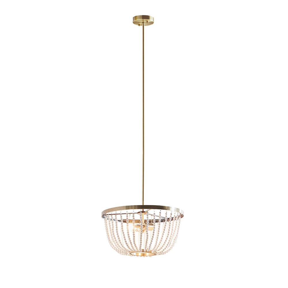 English Elm 2-Light Melrose Beaded Chandelier in Antique Brass with White Beads, Dish Shade, Adjustable Height, 17" Diameter B03595695