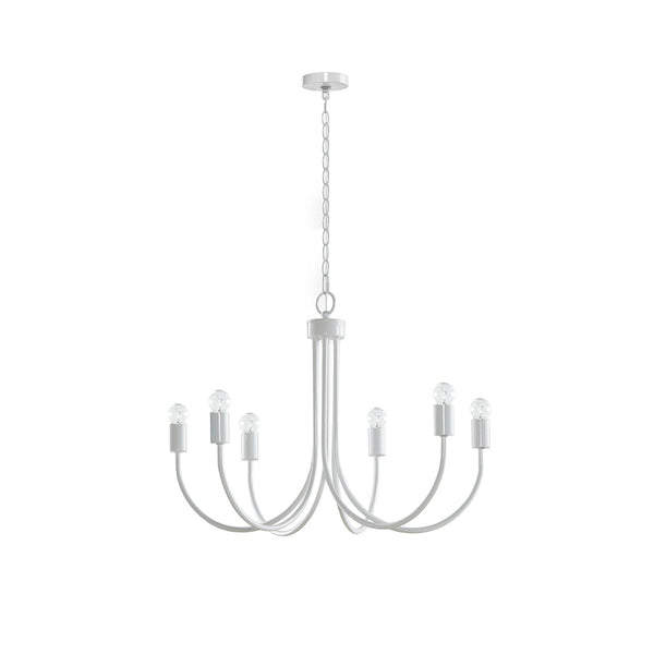 English Elm 6-Light Metal Chandelier Ellie by 510 Design — Gloss White Iron 28" Dia Contemporary Unshaded Bulb Fixture B03594965
