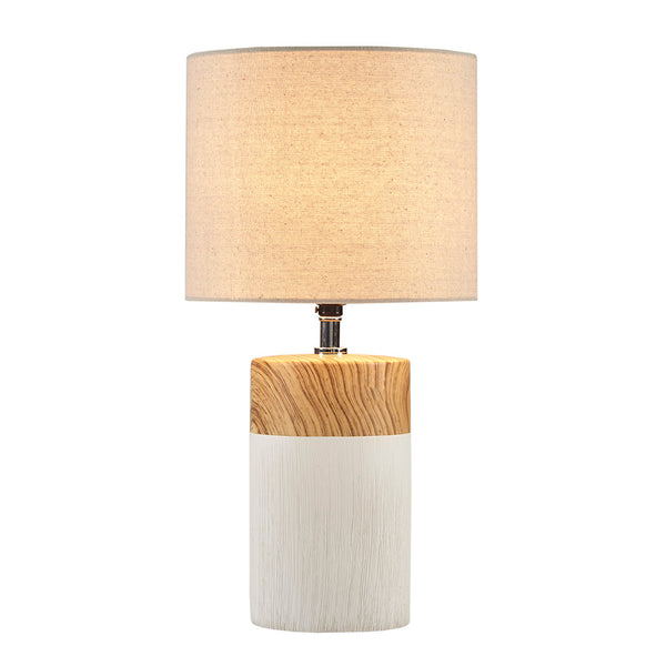 English Elm Textured Ceramic Table Lamp Nicolo – Two-Tone White & Brown Woodgrain Base, Drum Shade, Warm Ambient Light B03594979