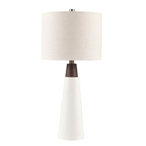 English Elm Triangular Tristan Ceramic and Wood Table Lamp — Mid-Century Modern Two-Tone Base, Cream Drum Shade, Included Bulb B03596586