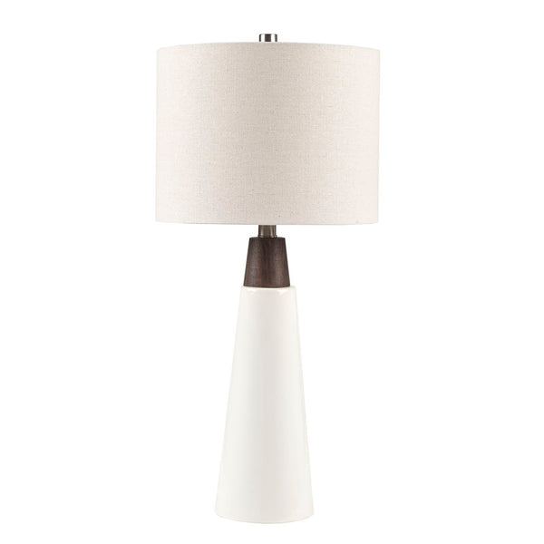 English Elm Triangular Tristan Ceramic and Wood Table Lamp — Mid-Century Modern Two-Tone Base, Cream Drum Shade, Included Bulb B03596586
