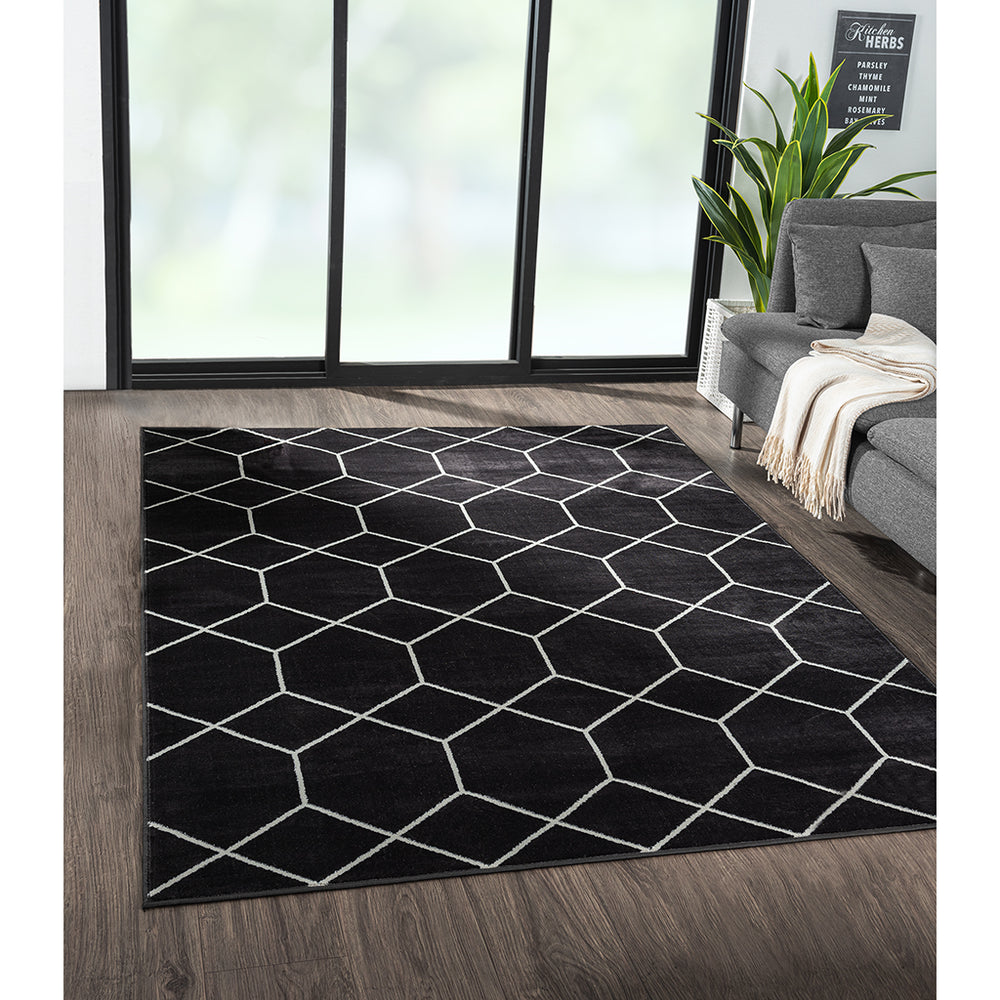 English Elm Trellis Averie Black Cream Geometric Woven Area Rug - Turkish 8x10, Medium Pile, Stain & Fade Resistant, OEKO-TEX Certified B03598017