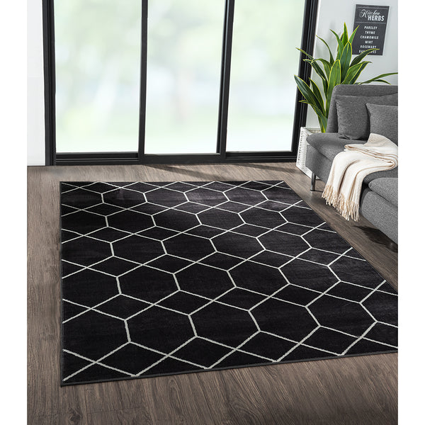 English Elm Trellis Averie Black Cream Geometric Woven Area Rug - Turkish 8x10, Medium Pile, Stain & Fade Resistant, OEKO-TEX Certified B03598017