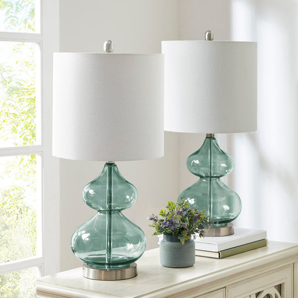 English Elm Curved Glass Gourd Table Lamp Set Sculptural Bedside Lighting with Drum Shade B03594971