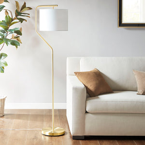 English Elm Angular Hampton Hill Aster Arched Metal Floor Lamp with Linen Drum Shade, Gold Base, Soft Warm Glow B03595708