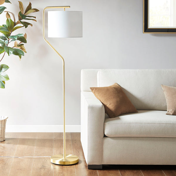 English Elm Angular Hampton Hill Aster Arched Metal Floor Lamp with Linen Drum Shade, Gold Base, Soft Warm Glow B03595708