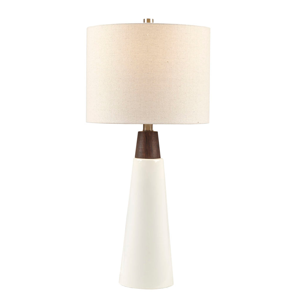 English Elm Triangular Tristan Ceramic and Wood Table Lamp — Mid-Century Modern Two-Tone Base, Cream Drum Shade, Included Bulb B03596586