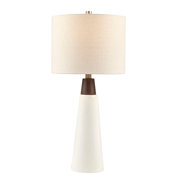 English Elm Triangular Tristan Ceramic and Wood Table Lamp — Mid-Century Modern Two-Tone Base, Cream Drum Shade, Included Bulb B03596586