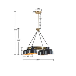 English Elm 4-Light Abbott Metal Shade Chandelier in Antique Brass with Black Bowls, Adjustable 26.5–50.5" Height, Mid-Century Style B03596556