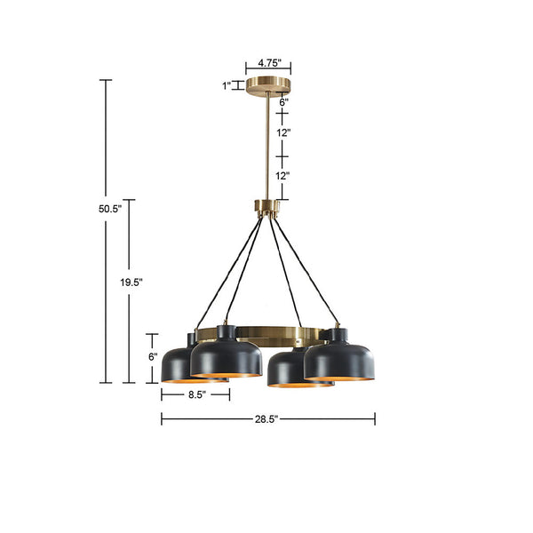 English Elm 4-Light Abbott Metal Shade Chandelier in Antique Brass with Black Bowls, Adjustable 26.5–50.5" Height, Mid-Century Style B03596556