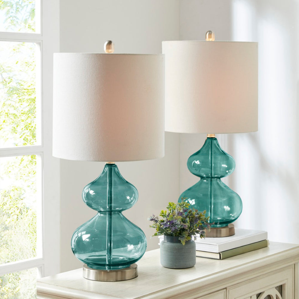 English Elm Curved Glass Gourd Table Lamp Set Sculptural Bedside Lighting with Drum Shade B03594971