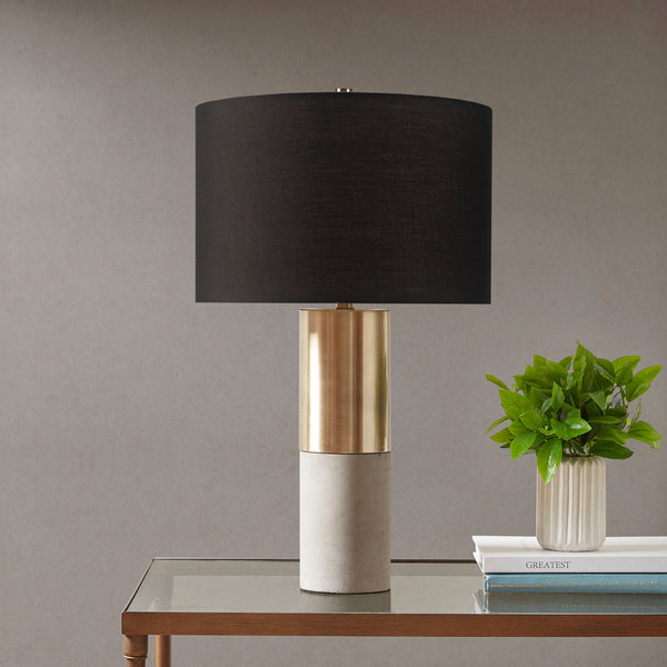 English Elm Concrete Fulton Table Lamp with Plated Brass Spiral Base and Gold Fabric Drum Shade, 27.5" tall B03599270