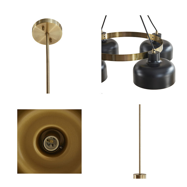 English Elm 4-Light Abbott Metal Shade Chandelier in Antique Brass with Black Bowls, Adjustable 26.5–50.5" Height, Mid-Century Style B03596556