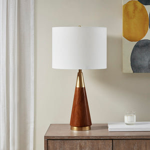 English Elm Triangular Table Lamp with Pecan Wood & Antique Brass Accents, White Linen Shade for Mid-Century Style B03596573
