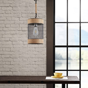 English Elm Natural Rope Orion Hemp Rope & Metal Mesh Cylinder Pendant Light — Farmhouse Modern Industrial Accent, Adjustable Height, Hardwire Compatible B03596570